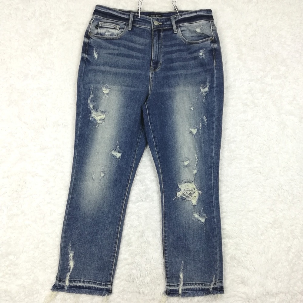 Judy Blue Womens Jeans Straight Leg Denim Distressed Medium Wash Frayed Hem 13